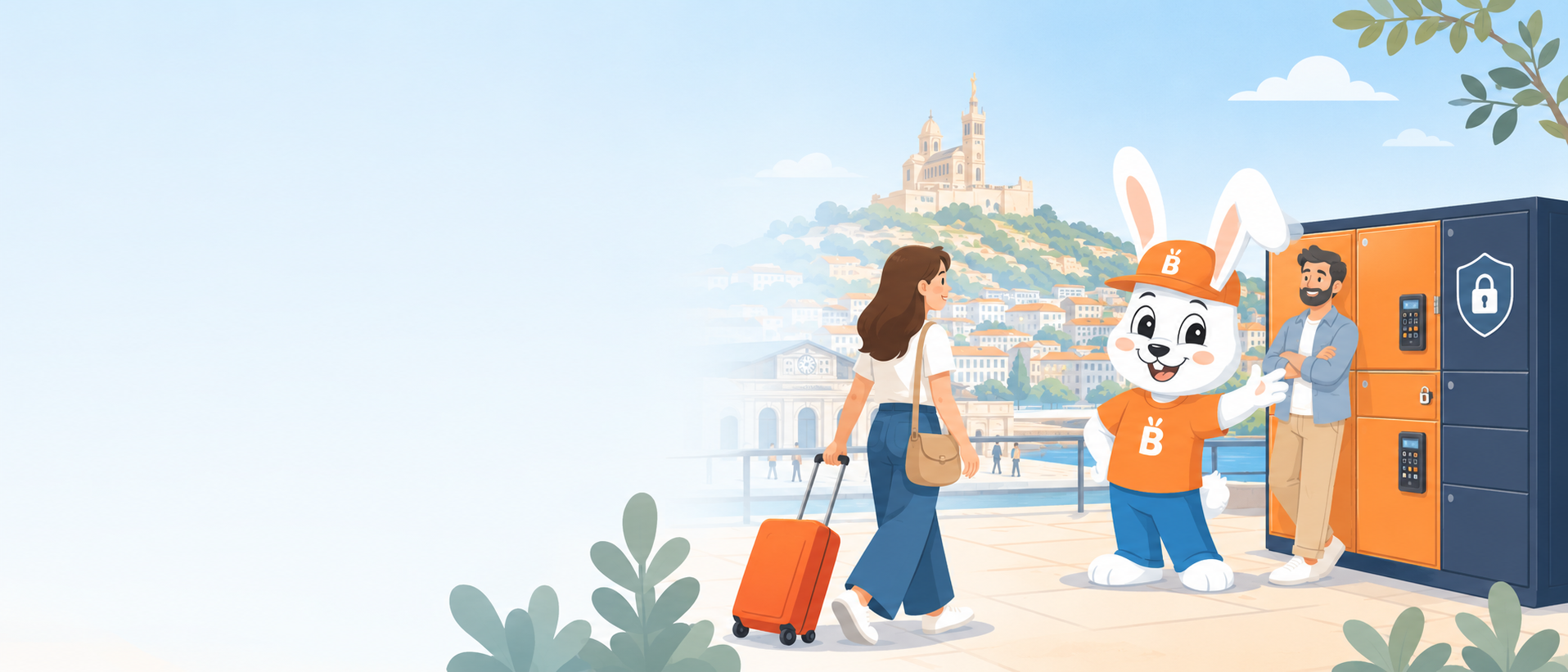 Casier à clés connecté BagsBuddy pour conciergerie à Marseille : le lapin BagsBuddy accueille un voyageur devant la consigne sécurisée, Notre-Dame de la Garde en arrière-plan