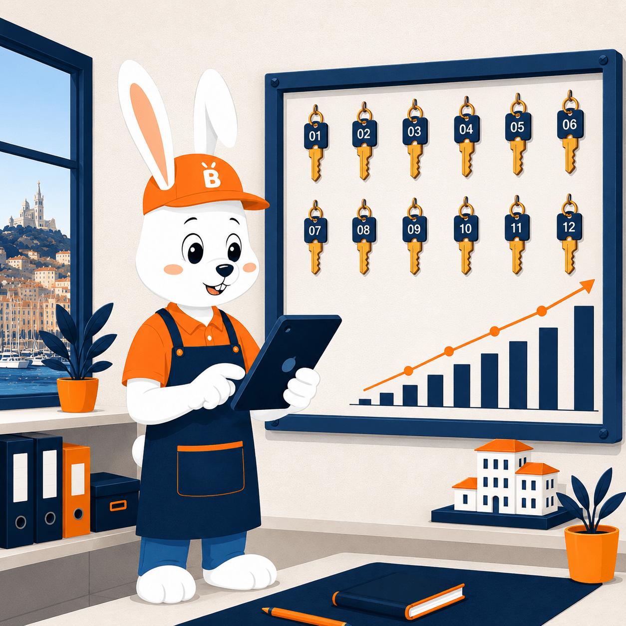 Buddy le lapin BagsBuddy gère un mur de casiers à clés numérotés pour conciergeries