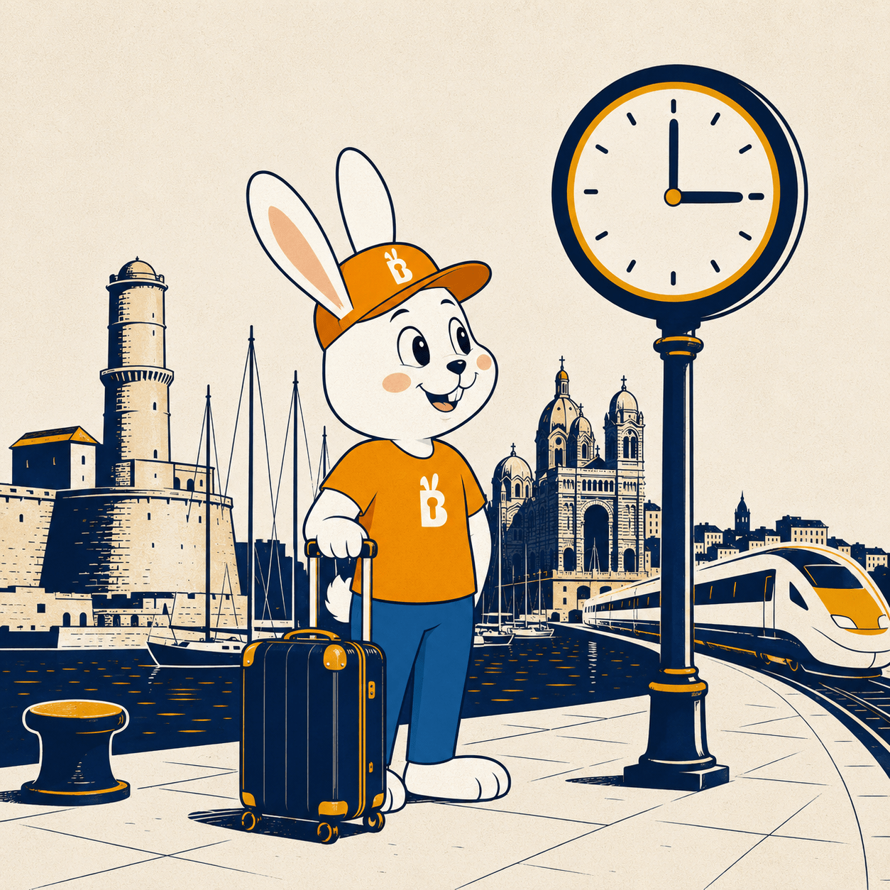 Buddy le lapin BagsBuddy entre check-out et train au Vieux-Port de Marseille